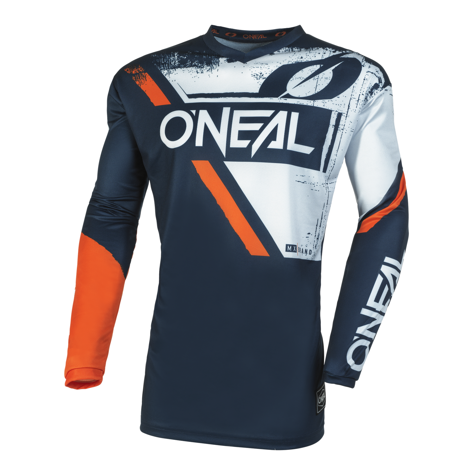 Das O'NEAL ELEMENT Jersey SHOCKER ist ein marineblaues, weißes und orangefarbenes Langarm-Motocross-Trikot mit auffälligem weißem O'NEAL-Branding. Es ist aus atmungsaktivem Material für optimalen Komfort und perfekte Passform mit abstrakten Liniendetails gefertigt.