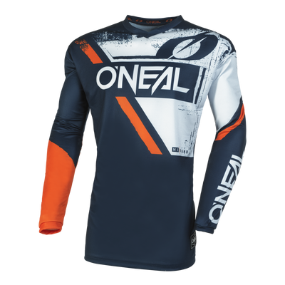 Das O'NEAL ELEMENT Jersey SHOCKER ist ein marineblaues, weißes und orangefarbenes Langarm-Motocross-Trikot mit auffälligem weißem O'NEAL-Branding. Es ist aus atmungsaktivem Material für optimalen Komfort und perfekte Passform mit abstrakten Liniendetails gefertigt.