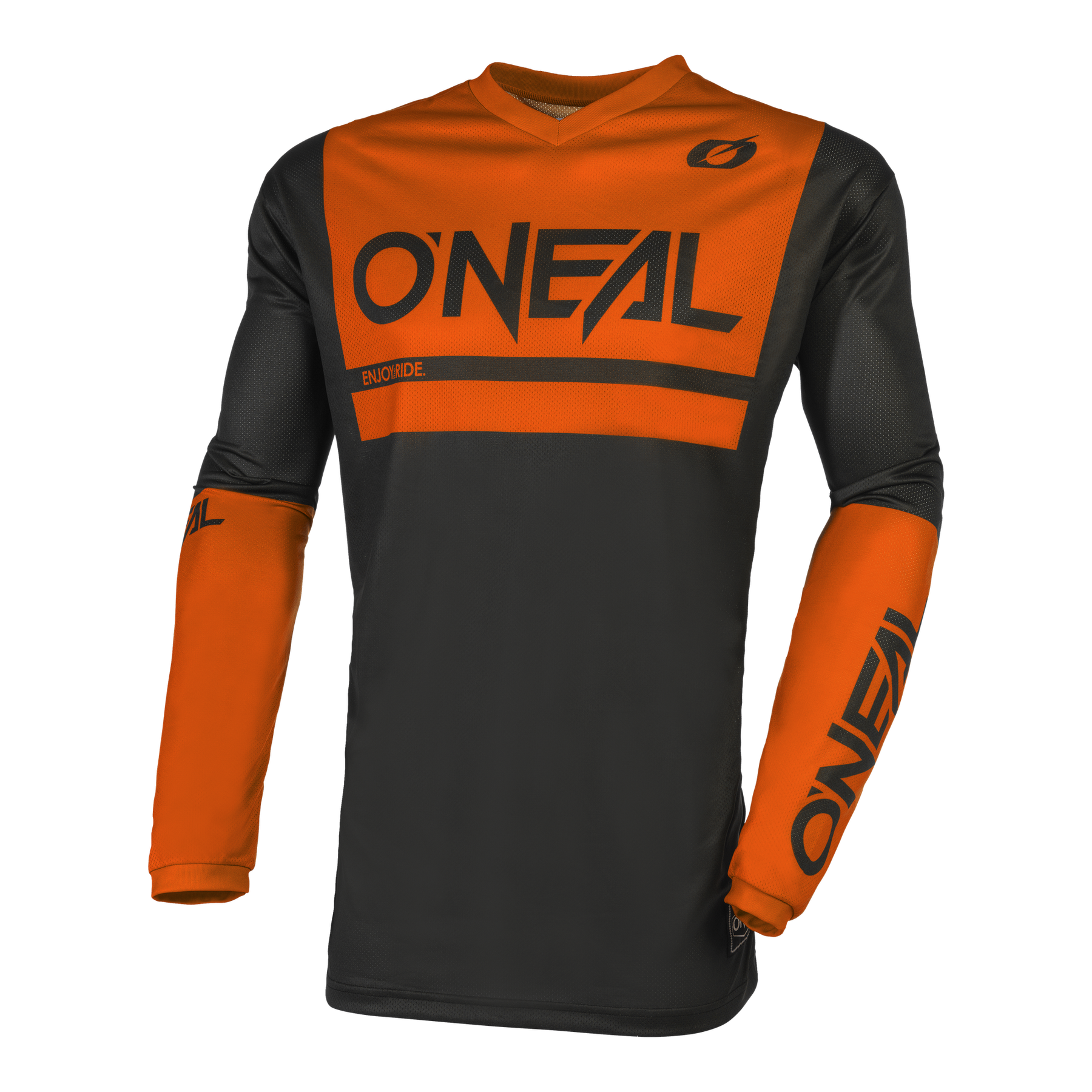 Das O'NEAL ELEMENT Trikot THREAT AIR hat einen schwarzen Körper, leuchtend orangefarbene Ärmel und einen auffälligen "O'NEAL"-Schriftzug auf der Brust und dem rechten Ärmel. Es ist aus atmungsaktivem Material gefertigt und bietet hohen Tragekomfort.