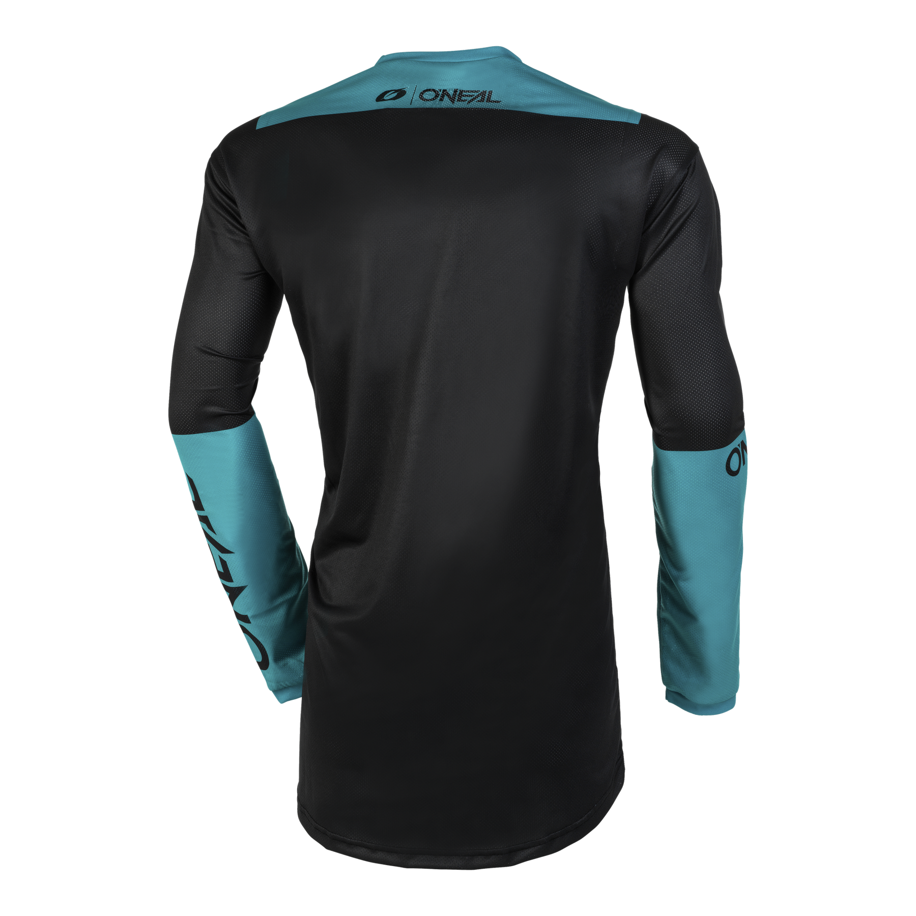 Das O'NEAL ELEMENT Jersey THREAT AIR ist ein atmungsaktives, langärmeliges Radtrikot in Schwarz mit blaugrünen Akzenten und "O'NEAL"-Schriftzug (von hinten).