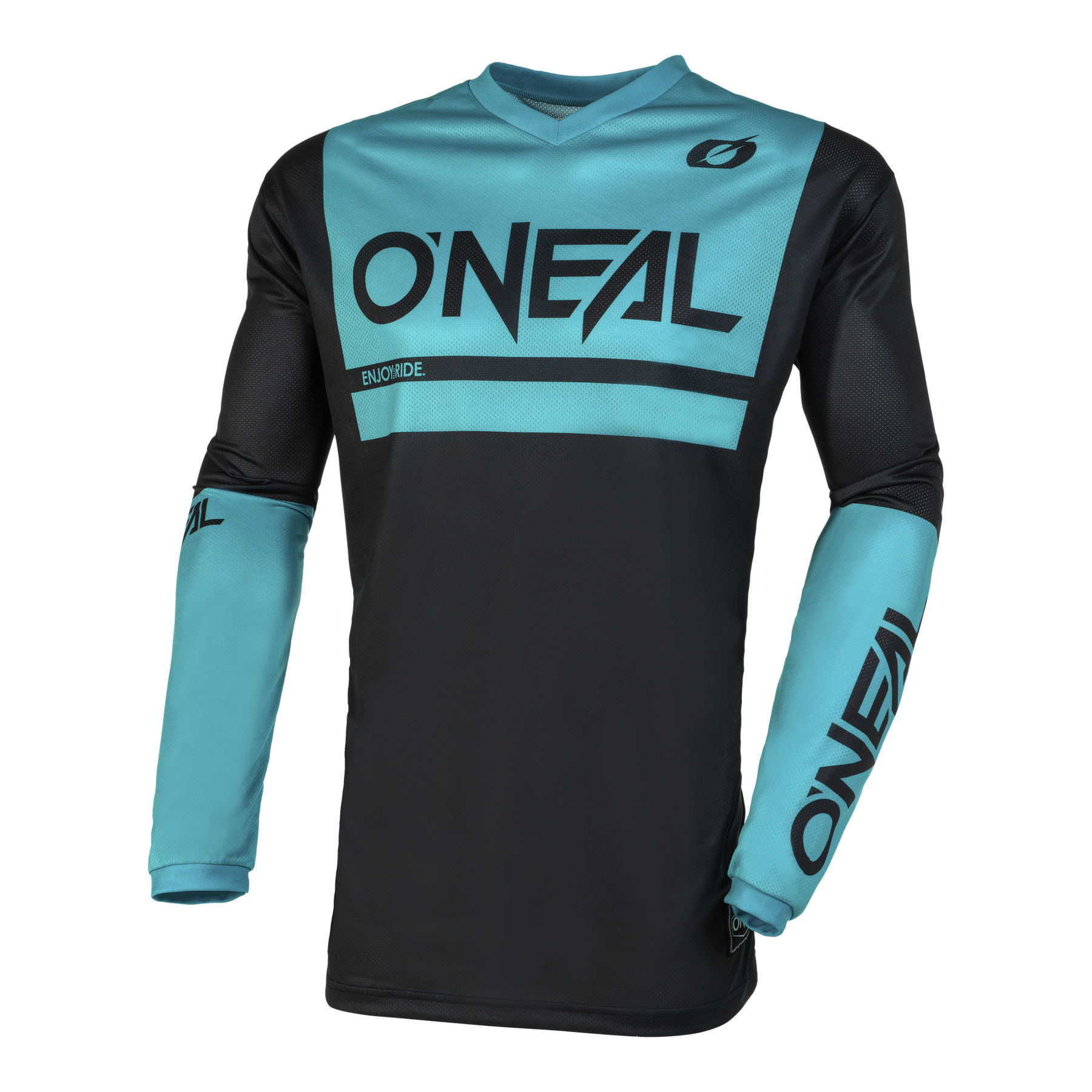 Das O'NEAL ELEMENT Jersey THREAT AIR ist ein langärmeliges Radtrikot in Schwarz mit blaugrünen Akzenten, "O'NEAL"-Logos auf Brust und Ärmeln, aus atmungsaktivem Material mit bequemem V-Ausschnitt.