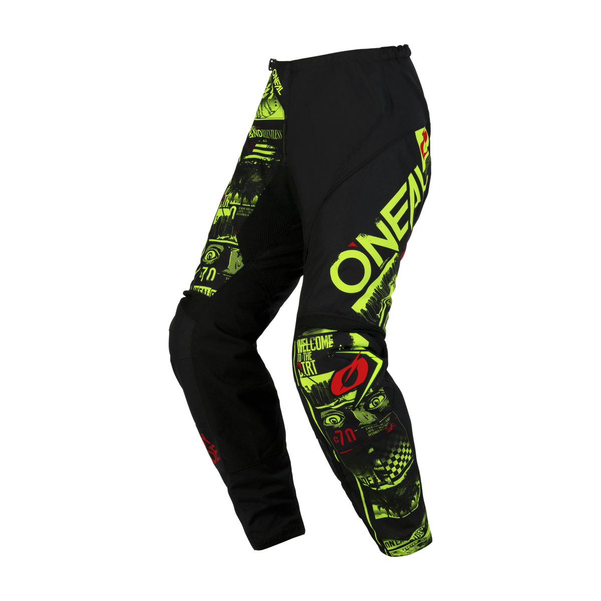 Die O'NEAL ELEMENT Hose ATTACK ist eine schwarze Motocross-Hose, die mit leuchtend neongrünen Grafiken und Mustern verziert ist. Diese Hose bietet sowohl Komfort als auch Schutz und trägt den Markennamen „O'NEAL“ prominent auf dem Oberschenkel. Zusätzliche Designelemente wie ein stilisiertes Auge, Text und geometrische Formen an den Beinen machen sie perfekt für Motorsport-Enthusiasten.