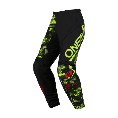 Die O'NEAL ELEMENT Hose ATTACK ist eine schwarze Motocross-Hose, die mit leuchtend neongrünen Grafiken und Mustern verziert ist. Diese Hose bietet sowohl Komfort als auch Schutz und trägt den Markennamen „O'NEAL“ prominent auf dem Oberschenkel. Zusätzliche Designelemente wie ein stilisiertes Auge, Text und geometrische Formen an den Beinen machen sie perfekt für Motorsport-Enthusiasten.