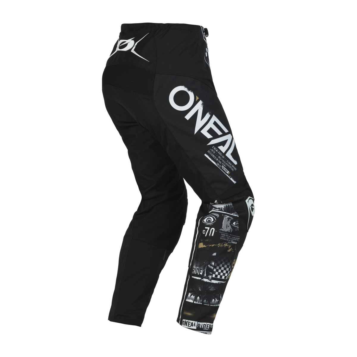 Die O'NEAL ELEMENT Hose ATTACK in Schwarz und Weiß verfügt über das „O'NEAL“-Branding im Oberschenkel- und Kniebereich. Diese Motocross-Hose verfügt über verschiedene grafische Designs, darunter Nummern und Rennszenen, und bietet sowohl Komfort als auch Schutz mit einer taillierten Struktur und verstärkten Bereichen für mehr Haltbarkeit.