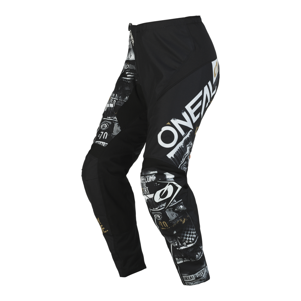 Eine schwarze O'NEAL ELEMENT Hose ATTACK mit weißen und grauen Grafiken, darunter der Text „O'NEAL“, der deutlich sichtbar an der Seite eines Beins angebracht ist. Diese Motocross-Hose verfügt über einen Reißverschluss vorne und verschiedene künstlerische Designs, die jedem Motorsport-Enthusiasten Komfort und Schutz bieten.
