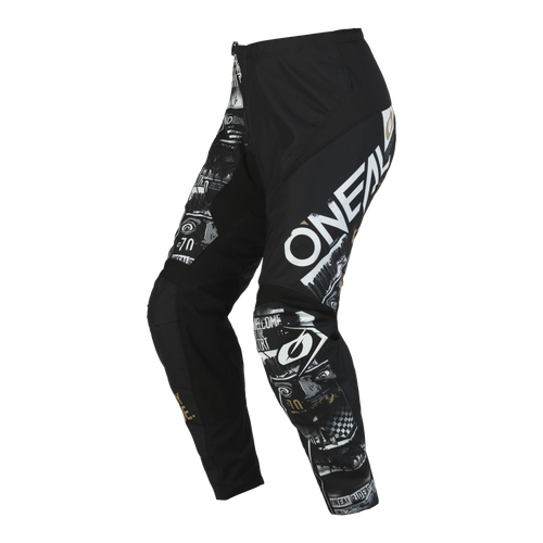 Eine schwarze O'NEAL ELEMENT Hose ATTACK mit weißen und grauen Grafiken, darunter der Text „O'NEAL“, der deutlich sichtbar an der Seite eines Beins angebracht ist. Diese Motocross-Hose verfügt über einen Reißverschluss vorne und verschiedene künstlerische Designs, die jedem Motorsport-Enthusiasten Komfort und Schutz bieten.