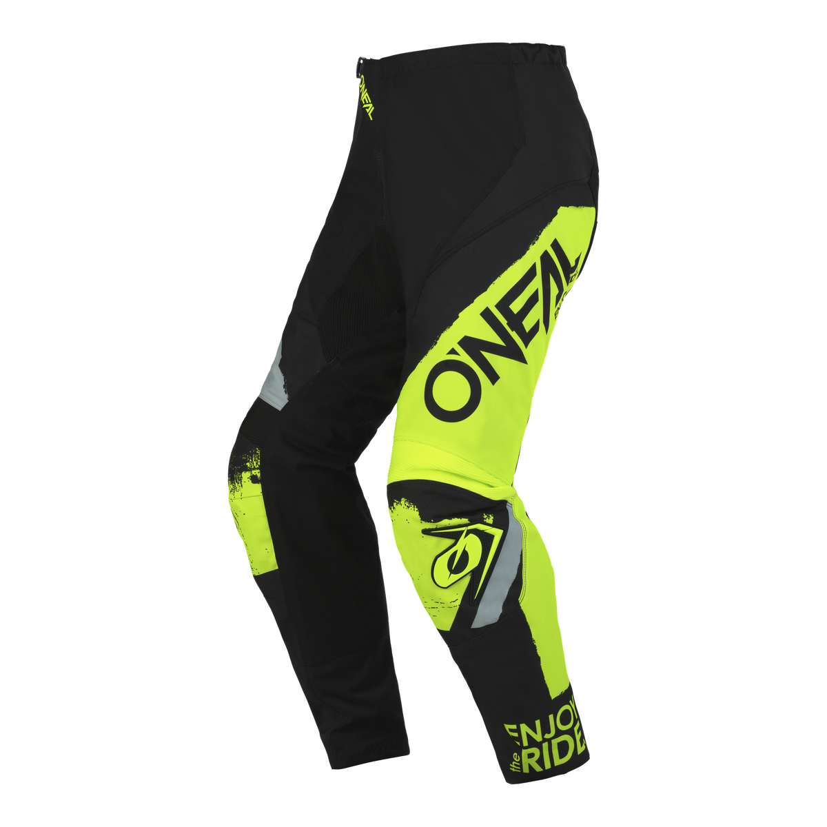 Die O'NEAL ELEMENT Hose SHOCKER in Schwarz und Neon-Gelb bietet Logo-Prints, Color-Block-Panels sowie Komfort und Schutz für Motorsport-Fans. "O'NEAL" an der Seite, "ENJOY THE RIDE" am Knöchel.