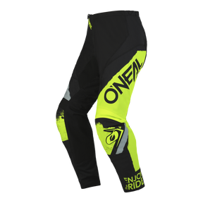 Ein Paar O'NEAL ELEMENT Hose SHOCKER von O'Neal in Schwarz und Neongelb, perfekt für Motorsport-Fans. Mit mehreren Logos und Texten, verstärkten Kniebereichen und dem Aufdruck „ENJOY THE RIDE“ auf dem rechten Bein bietet diese Hose sowohl ein auffälliges Design als auch Komfort mit Schutz.