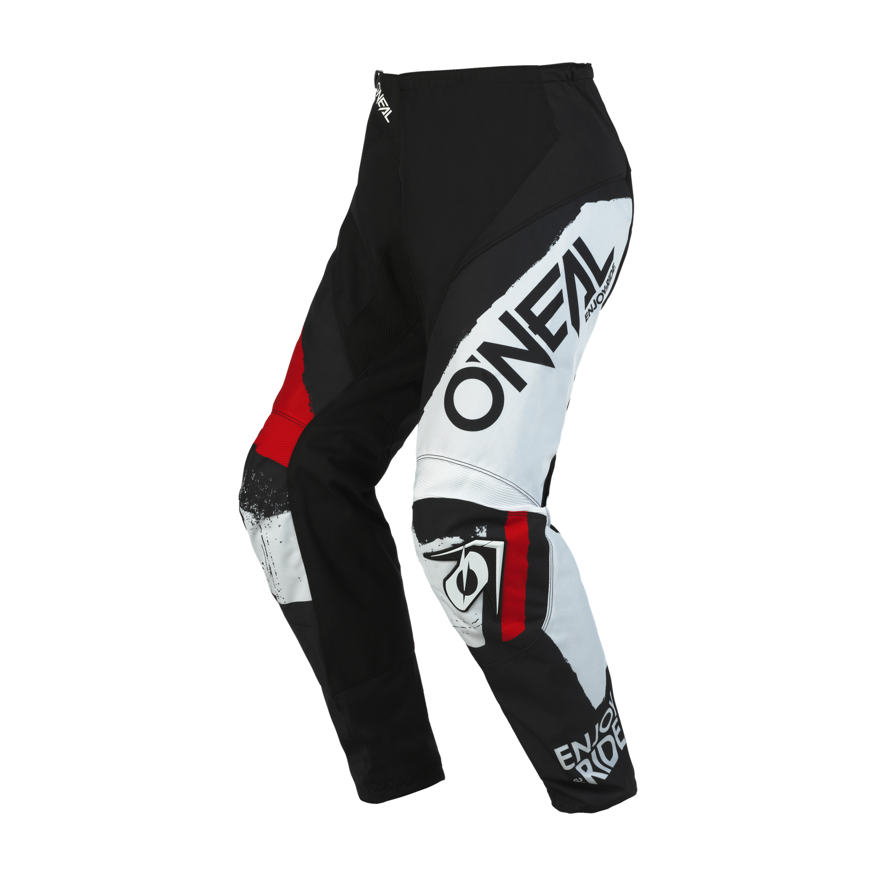 Die O'NEAL ELEMENT Hose SHOCKER in Schwarz, Weiß und Rot verfügt über abstrakte Muster mit „O'NEAL“- und „ENJOY RIDE“-Texten an den Beinen sowie einem kreisförmigen Logo am linken Bein. Diese Motocross-Hose ist mit verstärkten Kniebereichen für zusätzlichen Schutz und einer ergonomischen Passform ausgestattet und eignet sich daher ideal für Motorsportbegeisterte, die sowohl Komfort als auch Schutz suchen.