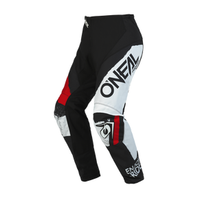 Die O'NEAL ELEMENT Hose SHOCKER in Schwarz, Weiß und Rot verfügt über abstrakte Muster mit „O'NEAL“- und „ENJOY RIDE“-Texten an den Beinen sowie einem kreisförmigen Logo am linken Bein. Diese Motocross-Hose ist mit verstärkten Kniebereichen für zusätzlichen Schutz und einer ergonomischen Passform ausgestattet und eignet sich daher ideal für Motorsportbegeisterte, die sowohl Komfort als auch Schutz suchen.
