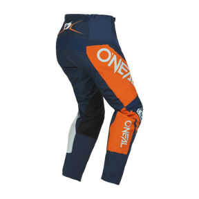 Ein Paar O'NEAL ELEMENT Hose SHOCKER-Hosen in Blau, Orange und Schwarz mit weißen Akzenten, mit „ONEAL“-Branding an der Seite. Diese Motocross-Hose bietet Komfort und Schutz mit einem elastischen Bund und verstärkten Kniebereichen und ist damit perfekt für jeden Motorsport-Enthusiasten.