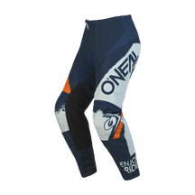 Ein Paar O'NEAL ELEMENT Hose SHOCKER in den Farben Blau, Weiß, Schwarz und Orange mit der Marke „O'NEAL“ deutlich sichtbar auf der Seite. Der Text „ENJOY RIDE“ erscheint außerdem am unteren Ende des Hosenbeins. Diese Hose bietet Komfort und Schutz für all Ihre Motorsportabenteuer mit einem Reißverschluss.