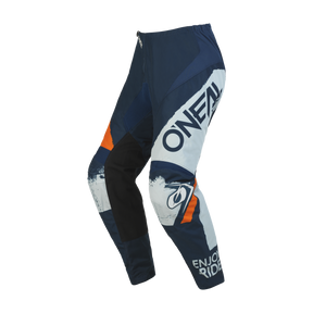 Ein Paar O'NEAL ELEMENT Hose SHOCKER in den Farben Blau, Weiß, Schwarz und Orange mit der Marke „O'NEAL“ deutlich sichtbar auf der Seite. Der Text „ENJOY RIDE“ erscheint außerdem am unteren Ende des Hosenbeins. Diese Hose bietet Komfort und Schutz für all Ihre Motorsportabenteuer mit einem Reißverschluss.