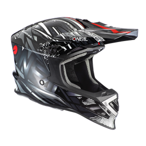Der O'NEAL F-SRS Helm SYNTHY Quin ready verfügt über ein schwarz-graues Design mit roten Akzenten und dynamischen Grafiken. Dieser stylische Helm verfügt über ein Visier und Belüftungsöffnungen, die sowohl einen sportlichen Look als auch optimalen Schutz gewährleisten.