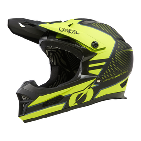 Der O'NEAL FURY Helm STAGE ist ein limettengrüner und schwarzer Integralhelm für Motocross mit schlankem Design, der optimale Sicherheit und Komfort bietet. Der Helm verfügt über Belüftungsöffnungen, ein Visier und auffällige grafische Muster, wobei der Markenname O'NEAL prominent auf der Vorderseite angebracht ist.