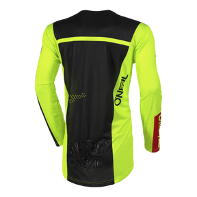 Rückansicht des O'NEAL HARDWEAR AIR Jersey SLAM, eines langärmeligen Sporttrikots in auffälligem Neongelb und Schwarz. Es wurde für High-Performance-Qualität entworfen und trägt das O'NEAL-Logo in fetter Schrift auf der Rückseite.