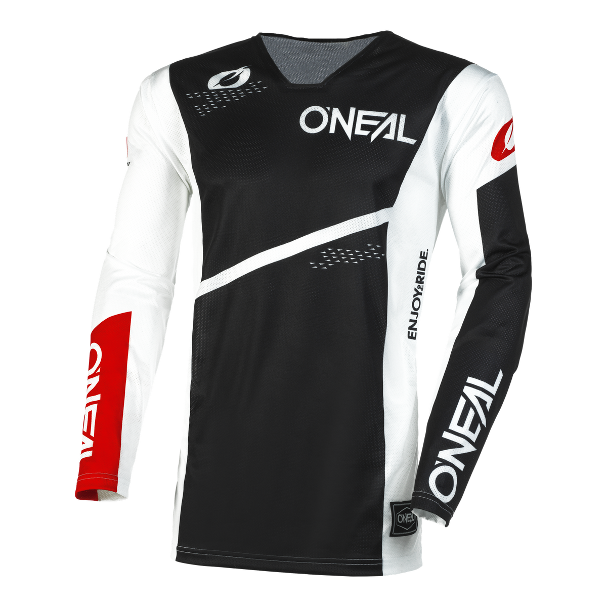 Das O'NEAL HARDWEAR AIR Jersey SLAM ist ein langärmliges Motocross-Trikot, hauptsächlich schwarz mit weißen und roten Akzenten. Es verfügt über ein weißes „O'NEAL“-Branding auf der Brust, den Ärmeln und den unteren Seitenteilen sowie einen „ENJOYRIDE“-Text auf der linken Seite. Es wurde für Hochleistungsqualität entwickelt und verfügt über geometrische Muster und Mesh-Belüftung für optimale Funktion und Komfort.
