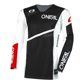 Das O'NEAL HARDWEAR AIR Jersey SLAM ist ein langärmliges Motocross-Trikot, hauptsächlich schwarz mit weißen und roten Akzenten. Es verfügt über ein weißes „O'NEAL“-Branding auf der Brust, den Ärmeln und den unteren Seitenteilen sowie einen „ENJOYRIDE“-Text auf der linken Seite. Es wurde für Hochleistungsqualität entwickelt und verfügt über geometrische Muster und Mesh-Belüftung für optimale Funktion und Komfort.