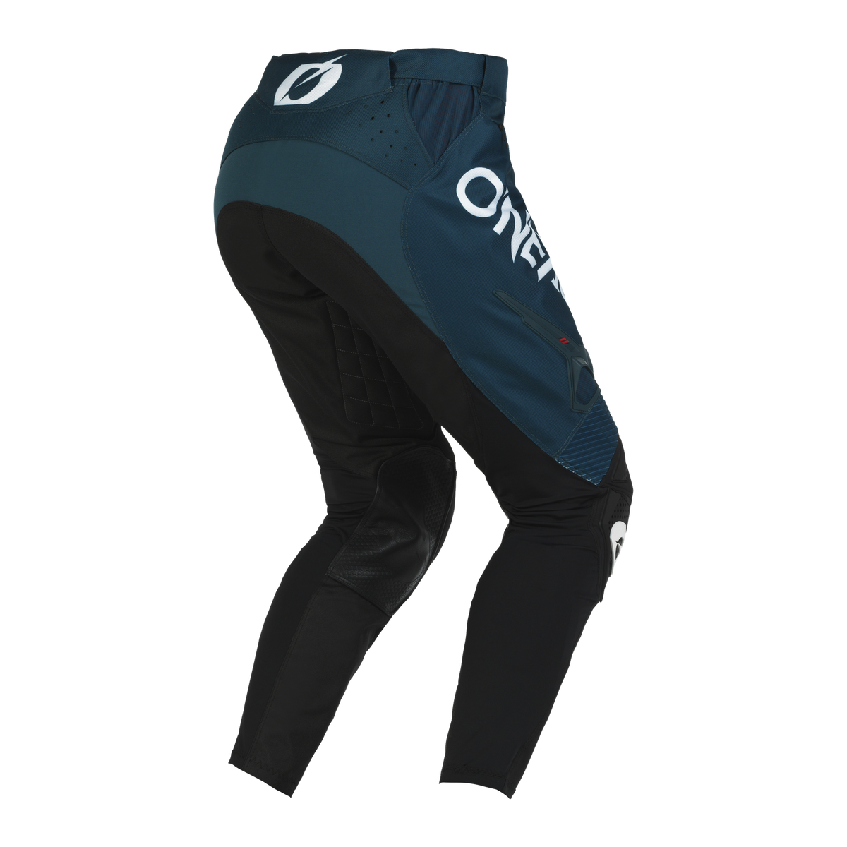 Ein Paar blau-schwarze O'NEAL HARDWEAR Hose ELITE Pants mit weißen Logos, von hinten abgebildet. Die Hose verfügt über verstärkte Kniepartien, einen gepolsterten Hüftbereich und einen verstellbaren Bund mit einem Markenlogo auf der Rückseite, was eine hochwertige Verarbeitung widerspiegelt, ideal für Motocross-Enthusiasten.