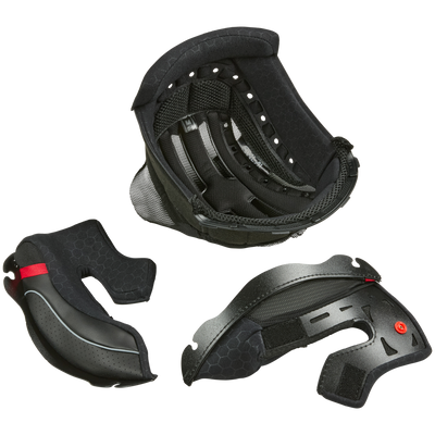 Drei schwarze O'NEAL Liner & Cheek Pads CHALLENGER Helme in unterschiedlichen Formen sind auf weißem Hintergrund angeordnet. Die Pads scheinen Teile der Innenpolsterung eines O'NEAL Helms zu sein, die Komfort und Schutz bieten soll. Die Pads haben unterschiedliche Konturen und enthalten belüftete Abschnitte.
