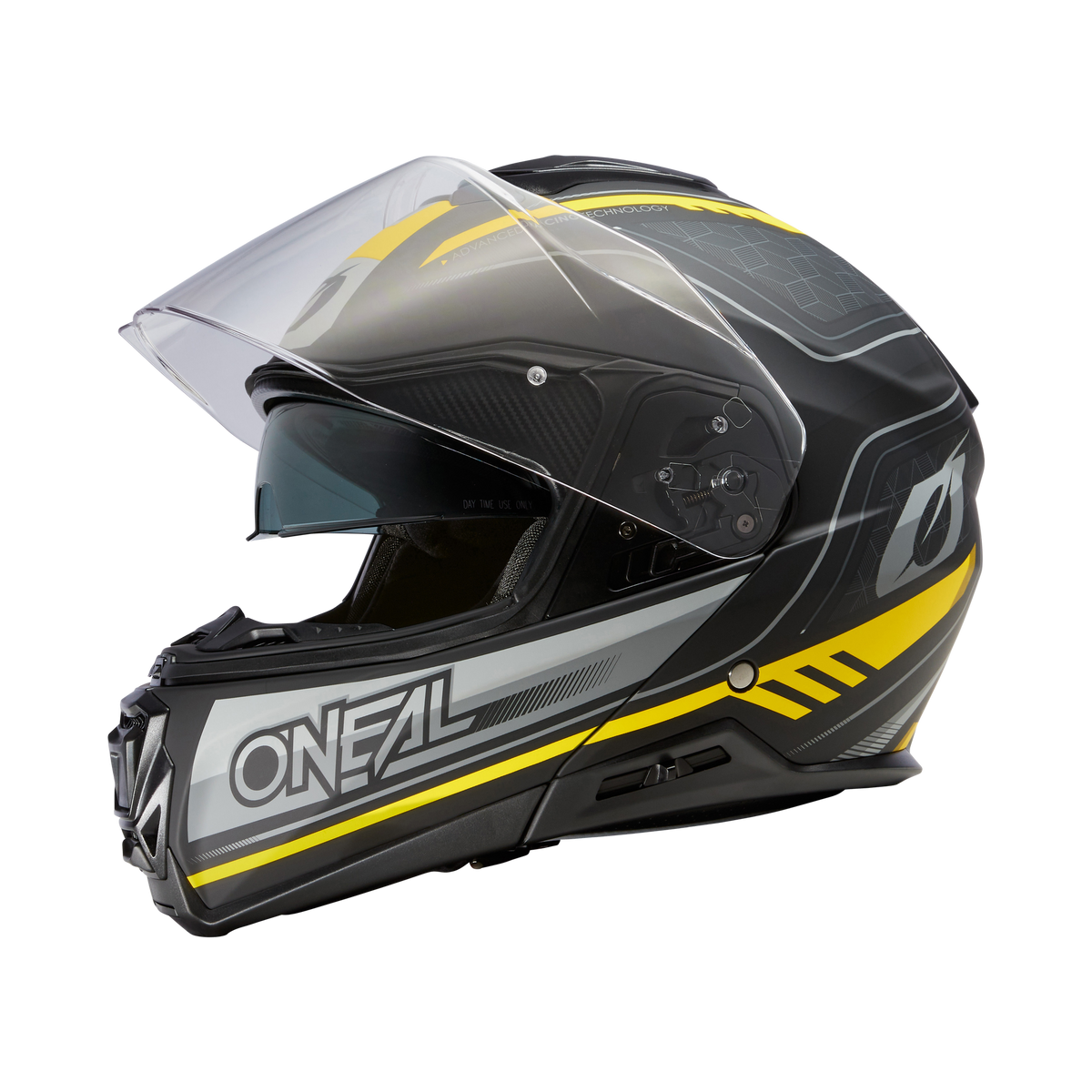 Der O'NEAL M-SRS Helm STRING ist ein schwarz-grauer Motorradhelm mit gelben Akzenten, einem klaren Visier und dem markanten "O'NEAL"-Schriftzug, der sich im Profil vor einem schlichten schwarzen Hintergrund abzeichnet.