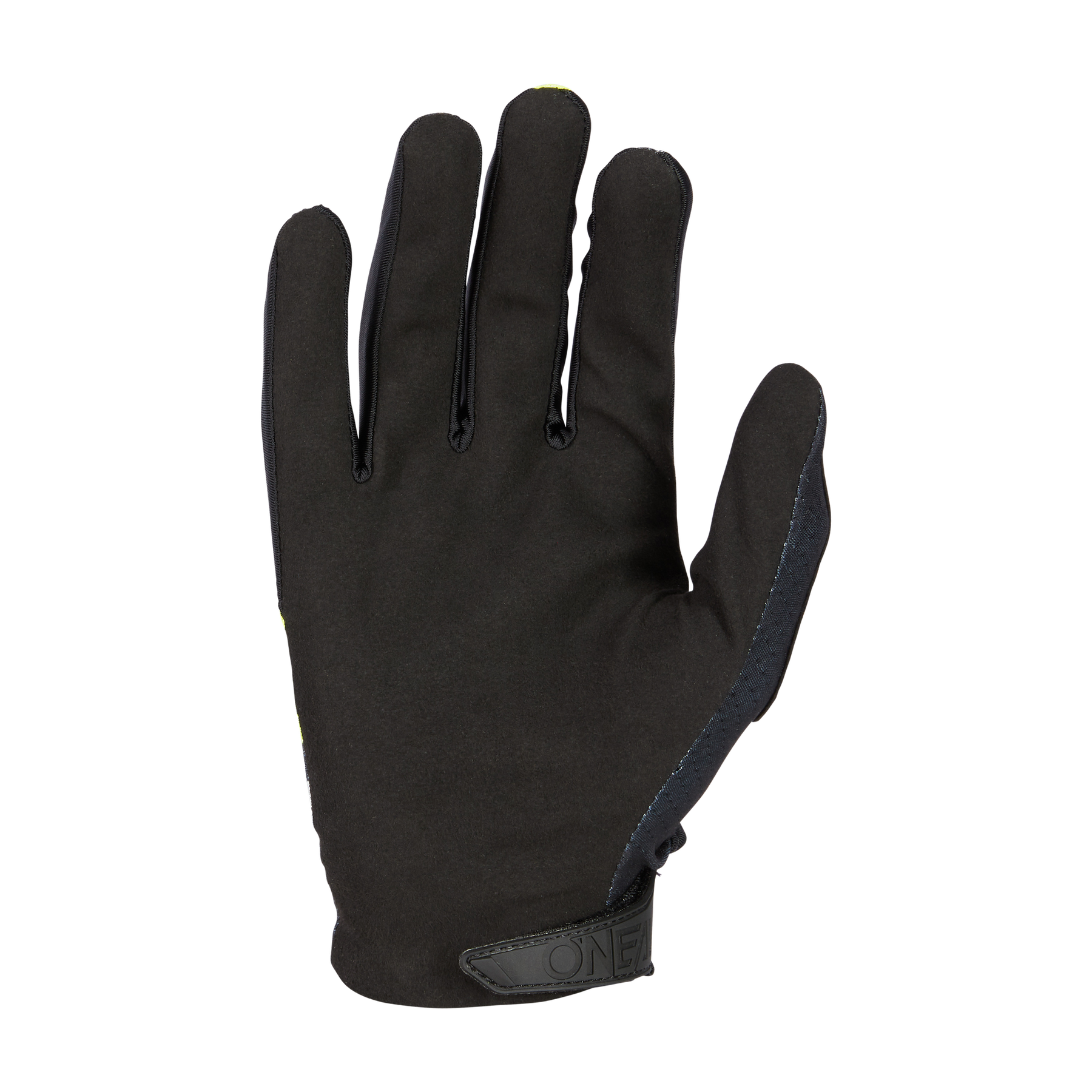 Ein schwarzer O'NEAL MATRIX Handschuh SHOCKER mit schlankem Design, dezenten Nähten und einem kleinen "ONE"-Aufnäher in der Nähe des Handgelenks ist mit der Handfläche nach unten auf einem einfarbigen Hintergrund abgebildet.