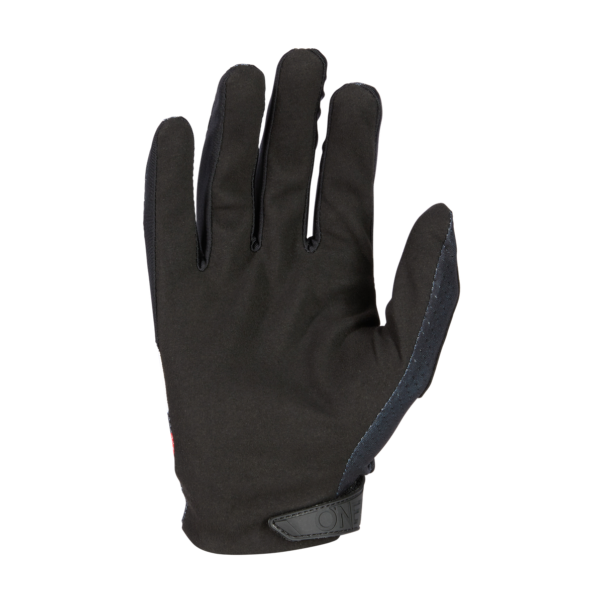Der O'NEAL MATRIX Handschuh SHOCKER von O'NEAL ist ein schwarzer Mountainbike-Handschuh mit leicht strukturierter Oberfläche, der die Handfläche abgewandt und die Finger ausgestreckt vor einem weißen Hintergrund zeigt.
