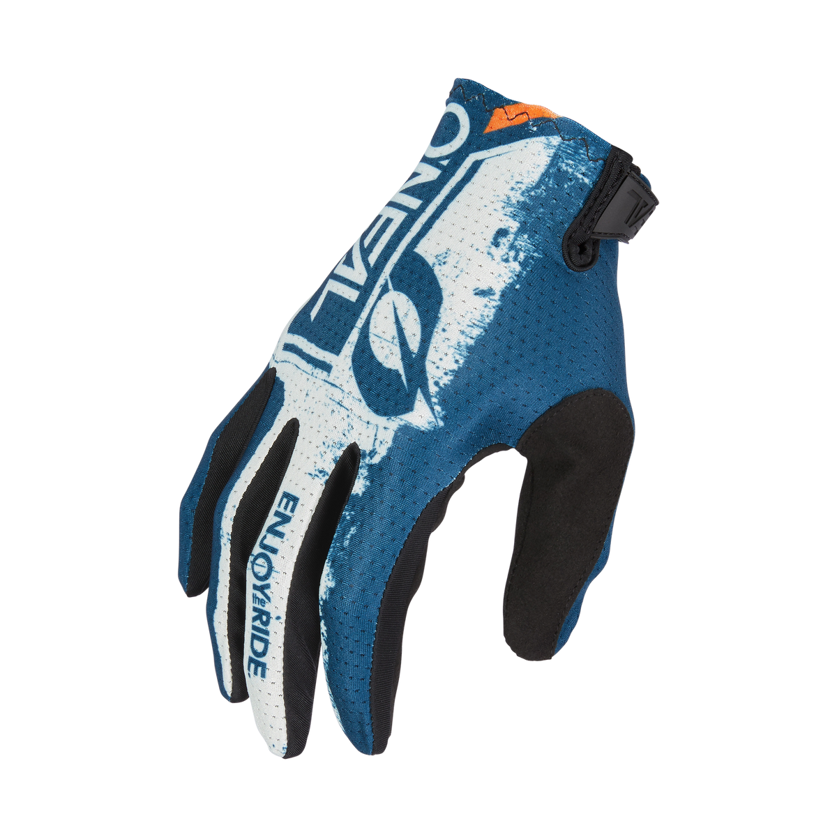 Der O'NEAL MATRIX Handschuh SHOCKER ist ein blau-weißer Fahrradhandschuh mit schwarzen und orangen Akzenten, "ONEAL" und "ENJOY THE RIDE" auf der Oberseite, einer schwarzen Handschlaufe und Perforationen zur Belüftung.