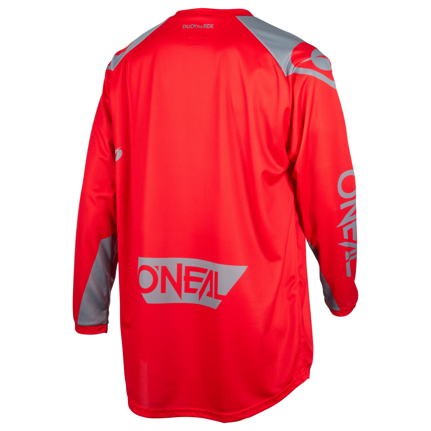 Das O'NEAL MATRIX Jersey RIDEWEAR hat ein leuchtend rotes Design mit grauen Akzenten und O'NEAL-Logos und ist aus leichtem Material gefertigt, das sich ideal für Radsport und Outdoor-Abenteuer eignet.
