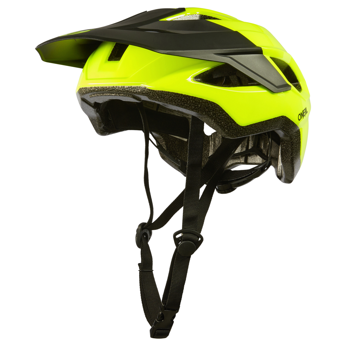 Der O'NEAL MATRIX Helm SOLID in Neongelb verfügt über ein schlankes, aerodynamisches Design mit Visier, verstellbaren Riemen und Belüftungsöffnungen für mehr Sicherheit und hervorragenden Komfort vor weißem Hintergrund.