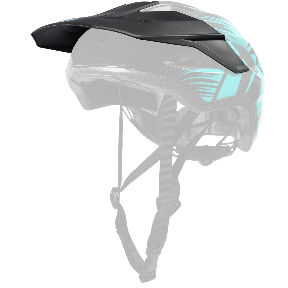 Der O'NEAL VISOR MATRIX Helmet SPLIT von O'NEAL ist ein schwarz-türkisfarbener Fahrradhelm mit aerodynamischen Belüftungsöffnungen, einem verstellbaren Kinnriemen und einem schlanken Design mit türkisfarbenen Streifen und Mustern an den Seiten. Zusätzlich verfügt er über ein kleines Visier auf der Vorderseite.