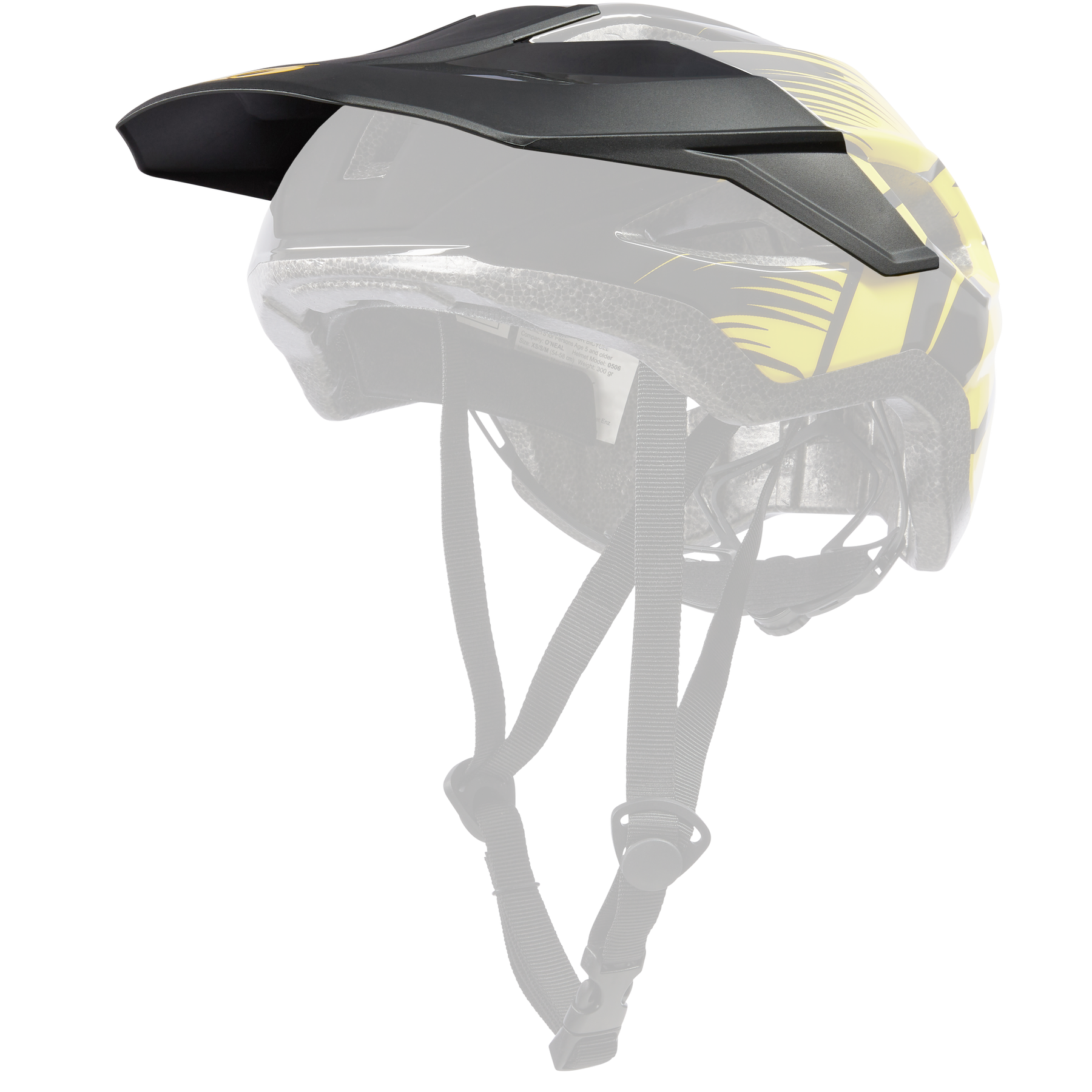 Der O'NEAL VISOR MATRIX Helmet SPLIT von O'NEAL ist ein schwarz-gelber Fahrradhelm mit Visier, verstellbaren Riemen und Belüftungsöffnungen, dargestellt in der Seitenansicht auf weißem Hintergrund.