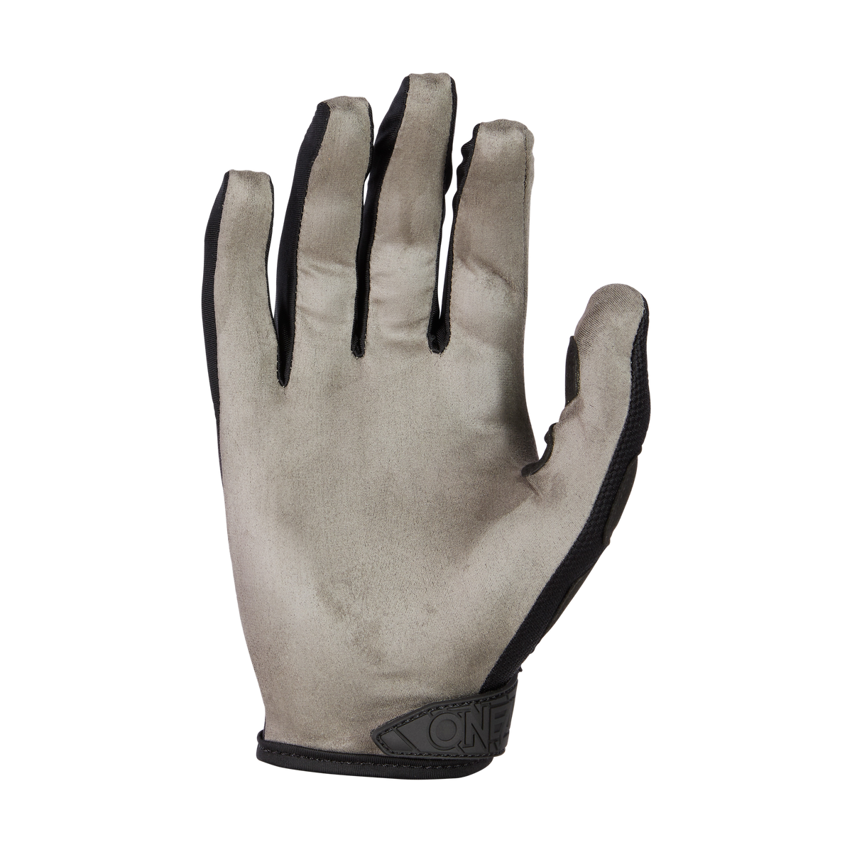 Der O'NEAL MAYHEM Handschuh ATTACK von O'NEAL, handflächenseitig abgebildet in grau und schwarz mit verlängerten Fingern und schwarzem Randbesatz, ist strapazierfähig für harte Motocross-Fahrten konzipiert.
