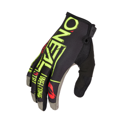 Der O'NEAL MAYHEM Handschuh ATTACK ist ein schwarz-grauer Mountainbike-Handschuh mit neongrüner, roter und weißer O'NEAL-Grafik. Er hat eine robuste Konstruktion, Mesh-Panel, und Klettverschluss am Handgelenk für Komfort und Sicherheit.