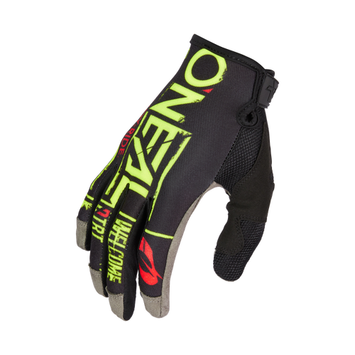 Der O'NEAL MAYHEM Handschuh ATTACK ist ein schwarz-grauer Mountainbike-Handschuh mit neongrüner, roter und weißer O'NEAL-Grafik. Er hat eine robuste Konstruktion, Mesh-Panel, und Klettverschluss am Handgelenk für Komfort und Sicherheit.