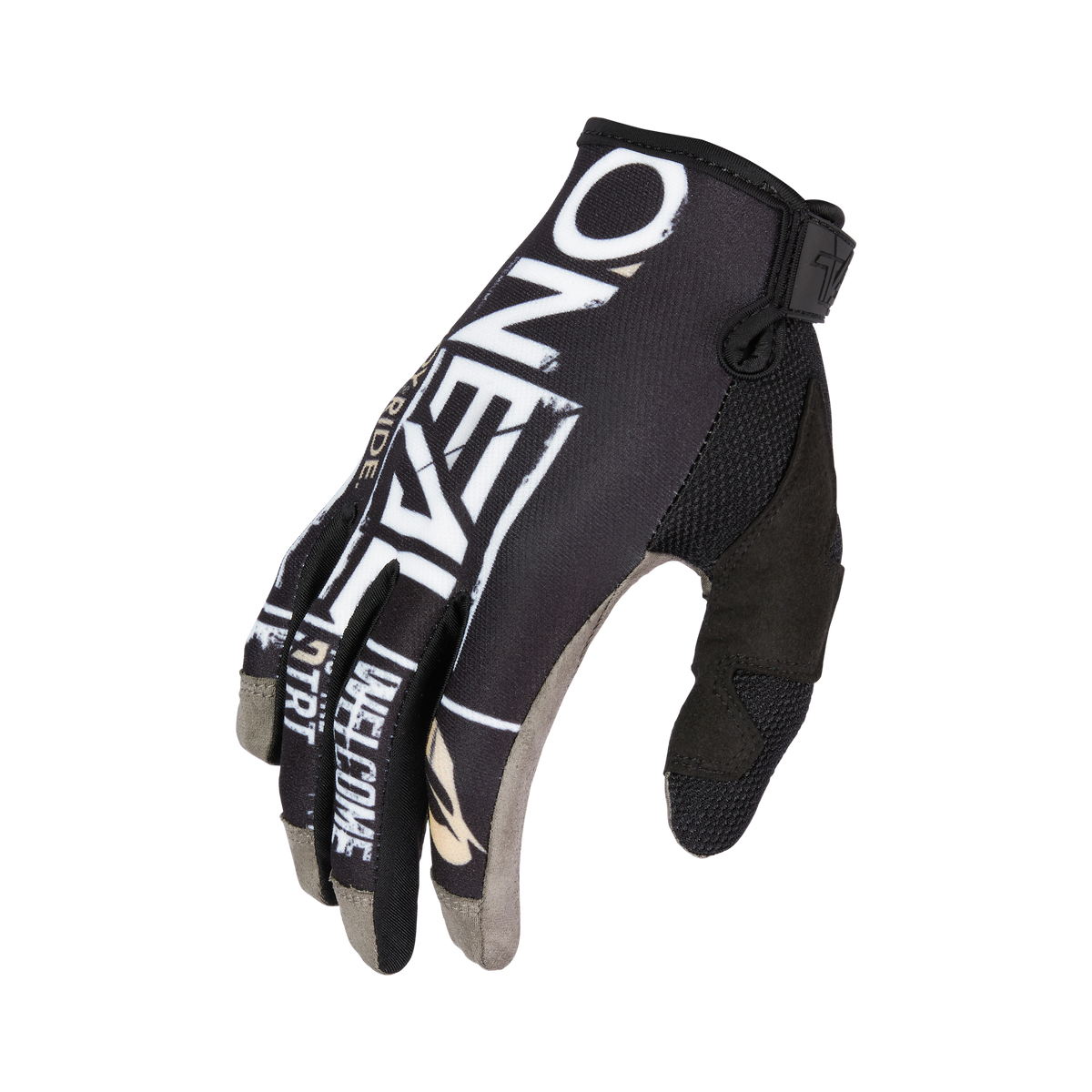 Der O'NEAL MAYHEM Handschuh ATTACK ist ein schwarz-weißer Motocross-Handschuh mit weißem Text, Mesh-Knöcheln und strukturierter Handfläche für Grip - ein strapazierfähiger O'NEAL-Handschuh, ideal zum Radfahren oder als Mountainbike-Handschuh.