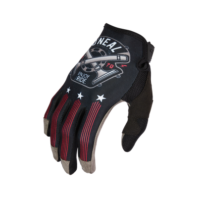 Der O'NEAL MAYHEM Handschuh PISTON ist ein schwarzer Motocross-Handschuh mit rot/grauen Akzenten, weißen Sternen und "O'NEAL" & "ENJOY RIDE"-Grafiken auf dem Rücken - robust und langlebig für jedes Abenteuer.
