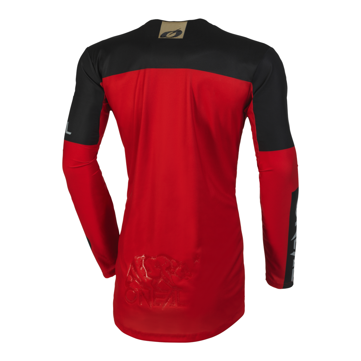 Rückansicht des O'NEAL MAYHEM Jersey HEXX, ein langärmliges, rot-schwarzes Sportoberteil. Das obere Rückenteil und die Ärmel sind schwarz, während der Rest des Rückens rot ist, mit dezentem Markentext und Logo unten links. Der Stoff scheint leicht und atmungsaktiv zu sein und gewährleistet Komfort und High-Performance-Qualität von O'NEAL.