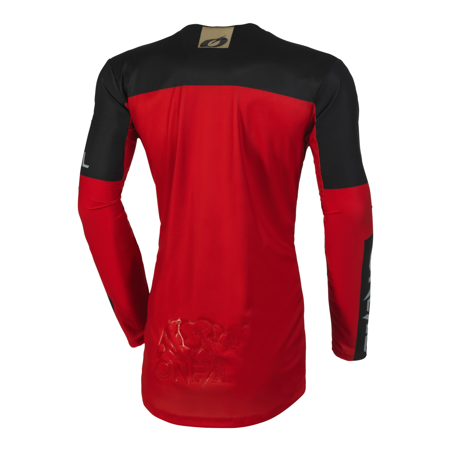 Rückansicht des O'NEAL MAYHEM Jersey HEXX, ein langärmliges, rot-schwarzes Sportoberteil. Das obere Rückenteil und die Ärmel sind schwarz, während der Rest des Rückens rot ist, mit dezentem Markentext und Logo unten links. Der Stoff scheint leicht und atmungsaktiv zu sein und gewährleistet Komfort und High-Performance-Qualität von O'NEAL.