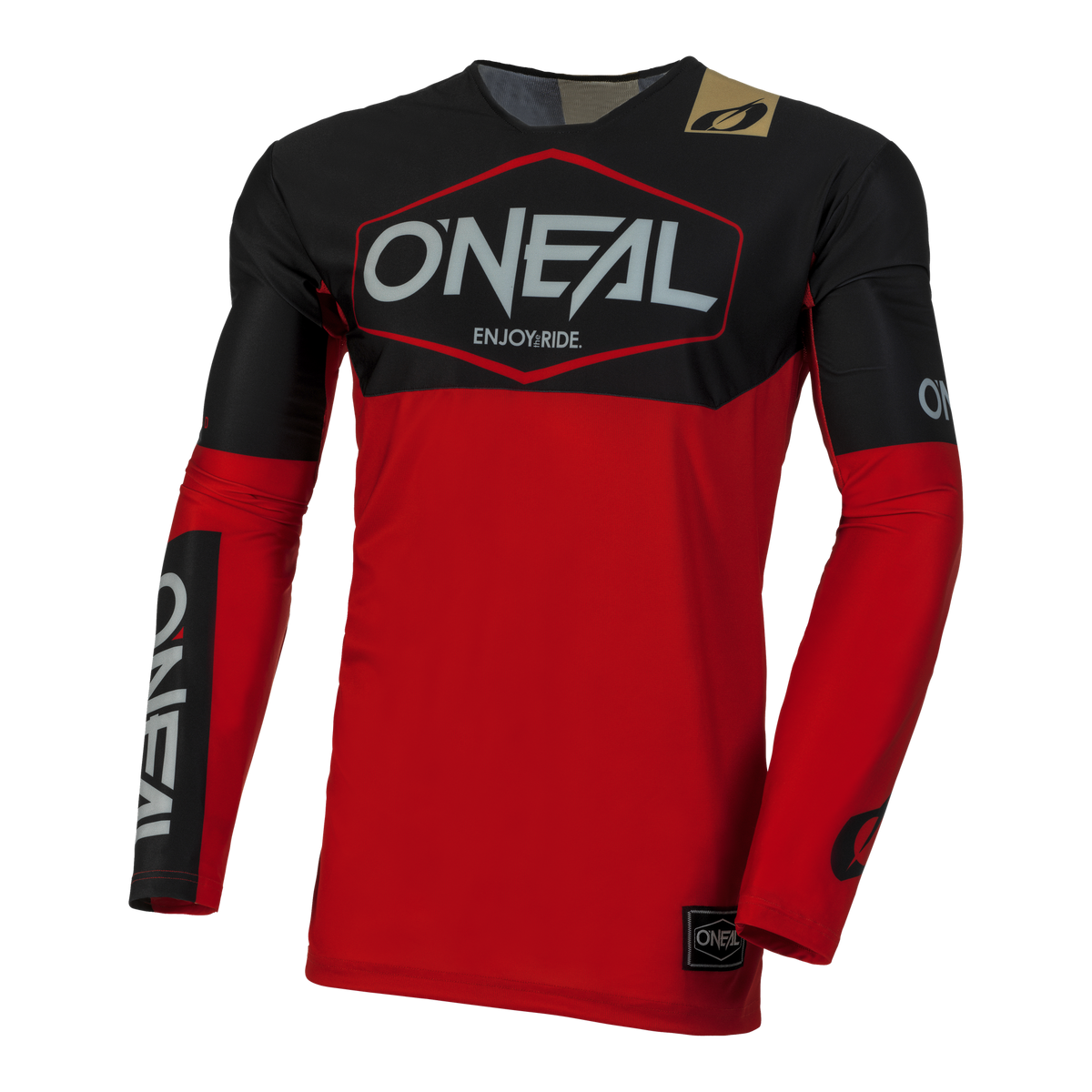 Rot-schwarzes O'NEAL MAYHEM Jersey HEXX mit dem O'Neal-Logo auf der Brust, den Armen und der unteren Vorderseite. Das Trikot trägt in der Mitte den Satz „ENJOY RIDE.“ und zeigt mit seinem schlanken, sportlichen Design Funktionalität und High-Performance-Qualität.