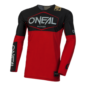 Rot-schwarzes O'NEAL MAYHEM Jersey HEXX mit dem O'Neal-Logo auf der Brust, den Armen und der unteren Vorderseite. Das Trikot trägt in der Mitte den Satz „ENJOY RIDE.“ und zeigt mit seinem schlanken, sportlichen Design Funktionalität und High-Performance-Qualität.