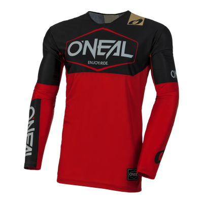 Rot-schwarzes O'NEAL MAYHEM Jersey HEXX mit dem O'Neal-Logo auf der Brust, den Armen und der unteren Vorderseite. Das Trikot trägt in der Mitte den Satz „ENJOY RIDE.“ und zeigt mit seinem schlanken, sportlichen Design Funktionalität und High-Performance-Qualität.