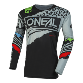 El maillot O'NEAL Custom Jersey Kids WILD presenta un llamativo estampado en negro, blanco, rojo y azul con un gran logotipo "ONEAL" en el pecho y un diseño abstracto en las mangas: una opción excepcional para un estilo de maillot único.