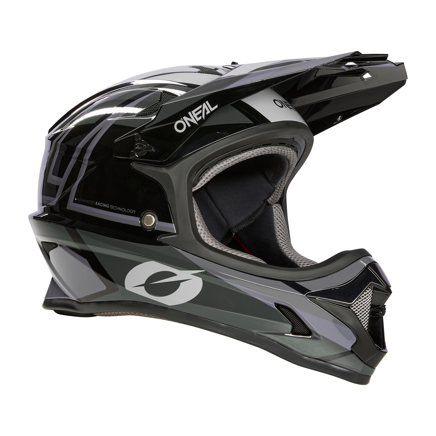 Der O'NEAL SONUS Helm SPLIT ist ein schwarz-grauer Integralhelm mit Visier, Belüftungsöffnungen und auffälligem O'NEAL-Branding - ideal für Motocross oder Biking.