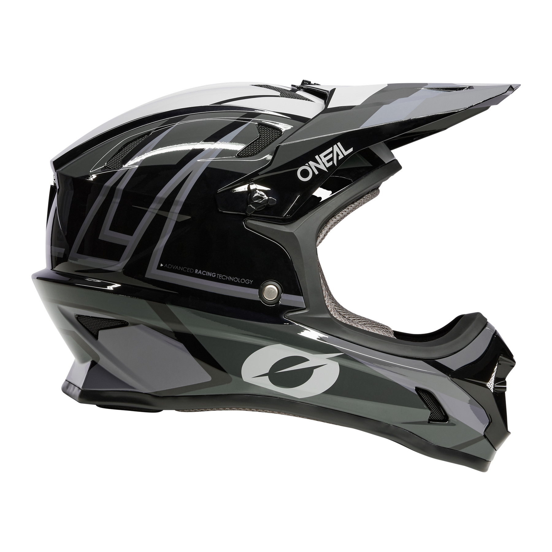 Der O'NEAL SONUS Helm SPLIT ist ein schwarz-grauer Fullface-MTB-Helm mit einem glänzenden, aerodynamischen Design und O'NEAL-Logo - ideal für Ihr nächstes Abenteuer.