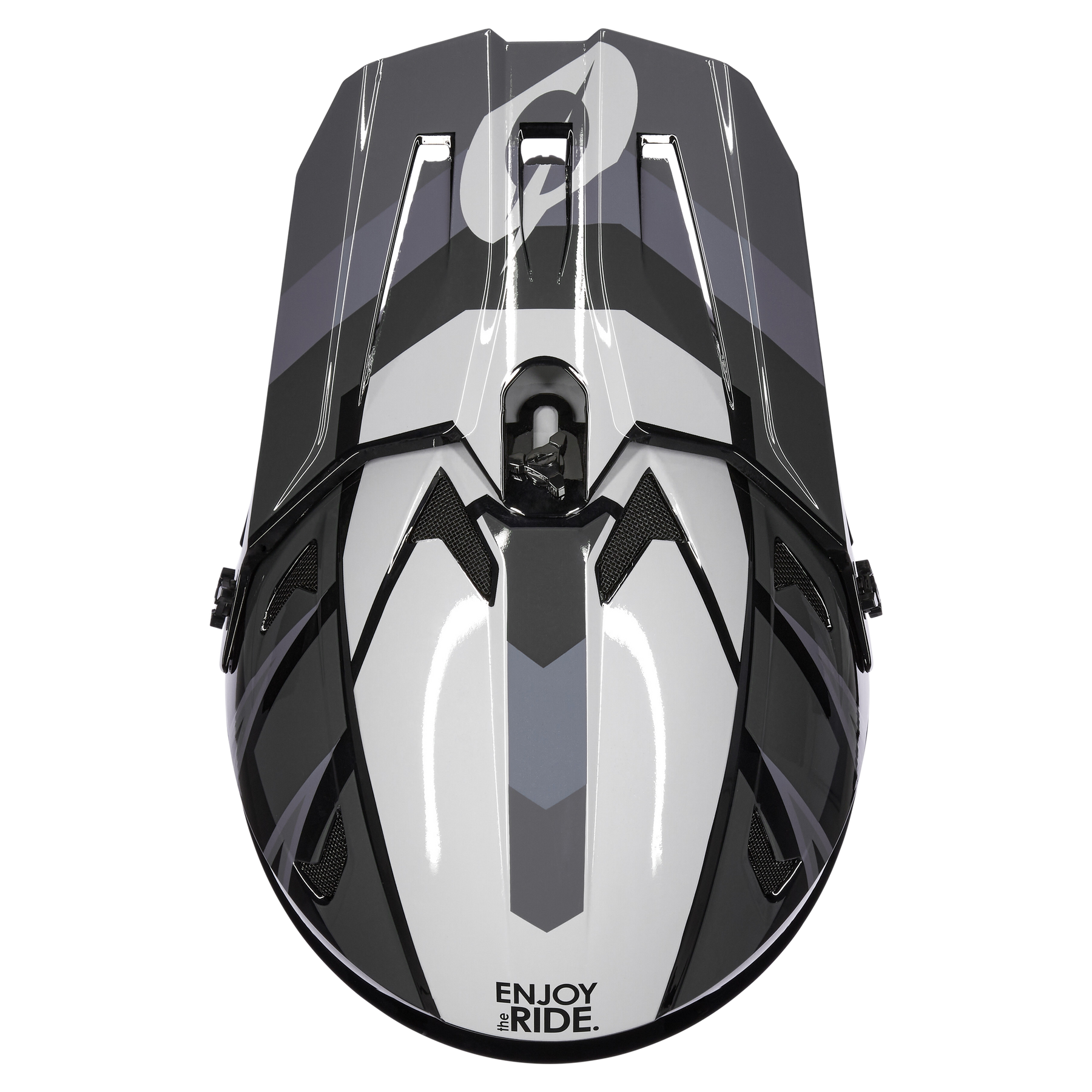 Draufsicht auf den O'NEAL SONUS Helm SPLIT in schwarzem, weißem und grauem geometrischem Muster mit der Aufschrift "ENJOY the RIDE." an der Vorderseite - ideal für Fahrrad- oder MTB-Fans.