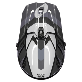 Eine Draufsicht auf den eleganten und modernen O'NEAL SONUS Helm SPLIT, der sein aerodynamisches Design in Schwarz und Weiß mit eckigen Mustern zeigt. Dieses hochwertige Produkt von O'NEAL verfügt über Belüftungsschlitze und hat auf der Vorderseite den Aufdruck „ENJOY THE RIDE“.