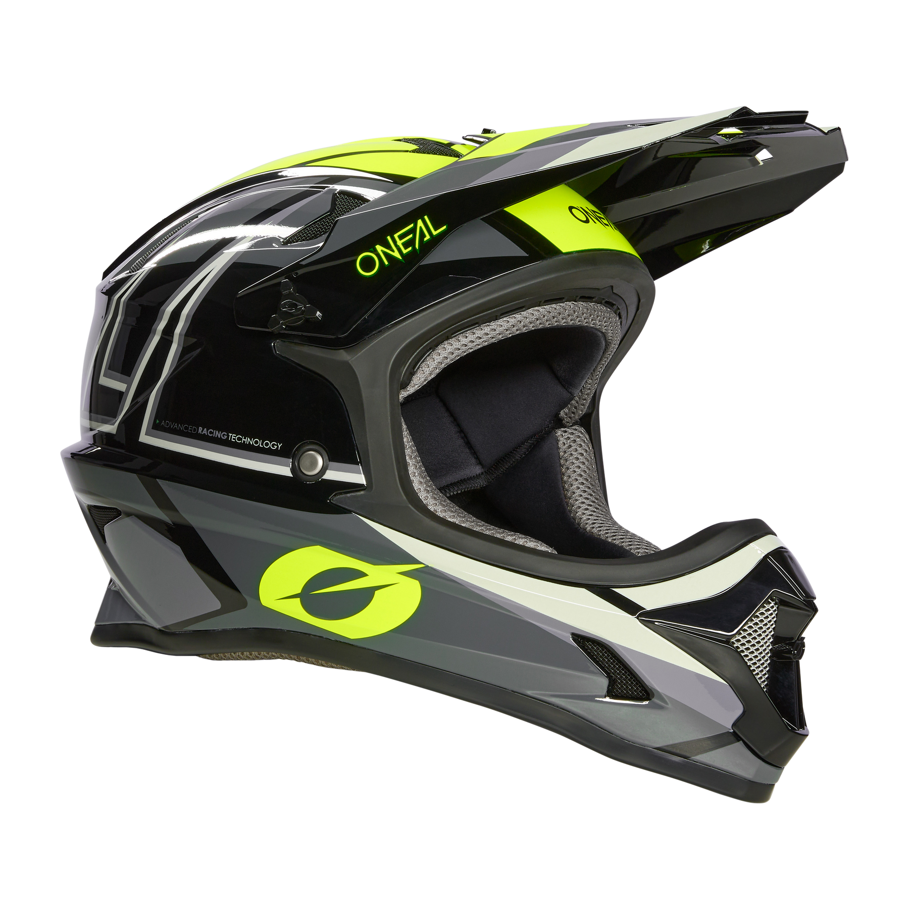 Der O'NEAL SONUS Helm SPLIT ist ein hochwertiger Integralhelm für Motorradfahrer in Schwarz und Neongelb. Er verfügt über ein aerodynamisches Design, Belüftungsöffnungen, ein Visier und einen Kinnschutz. Der Markenname „O'NeAL“ ist prominent auf der Seite angebracht.