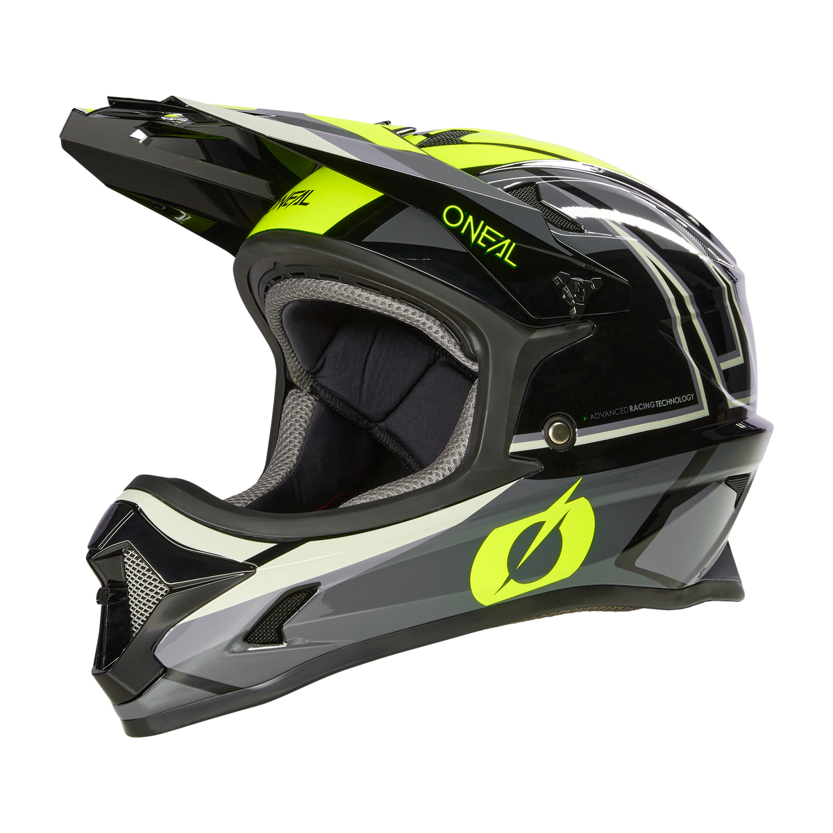 Ein stylischer schwarz-neongelber Integralhelm O'NEAL SONUS SPLIT mit markantem Visier, Belüftungsschlitzen und schlankem aerodynamischem Design. Dieses hochwertige Produkt trägt den Markennamen „O'NEAL“ an der Seite und hinten.