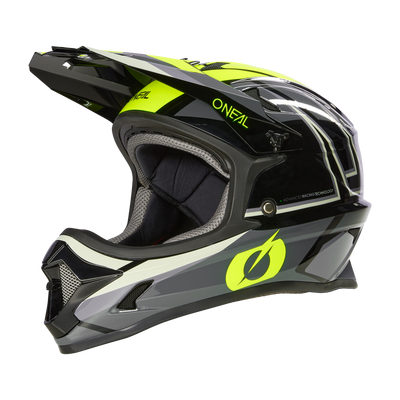 Ein stylischer schwarz-neongelber Integralhelm O'NEAL SONUS SPLIT mit markantem Visier, Belüftungsschlitzen und schlankem aerodynamischem Design. Dieses hochwertige Produkt trägt den Markennamen „O'NEAL“ an der Seite und hinten.